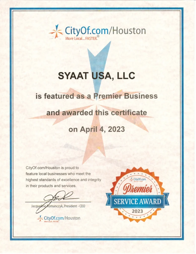 Premier Service Award certificado para SYAAT USA