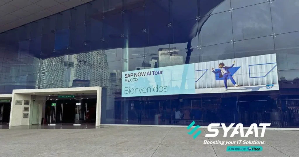 Ejecutivos en SAP Now AI Tour 2025 durante una conferencia sobre inteligencia artificial y transformación digital.